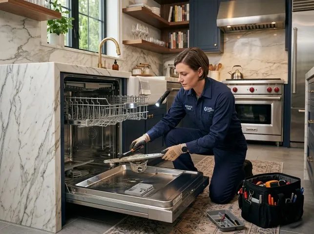 Appliance Repair Hero technician servicing a built-in dishwasher in a Bonnerdale, AR kitchen