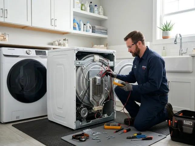 Appliance Repair Hero technician checking a dryer heating element with the rear panel off in Bonnerdale, AR