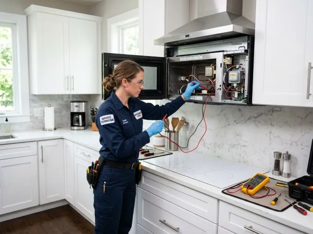 Appliance Repair Hero technician testing an over-the-range microwave in a Bonnerdale, AR kitchen