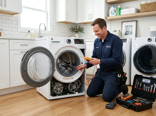 Appliance Repair Hero technician testing a front-load washer with a multimeter on a Bonnerdale, AR service call